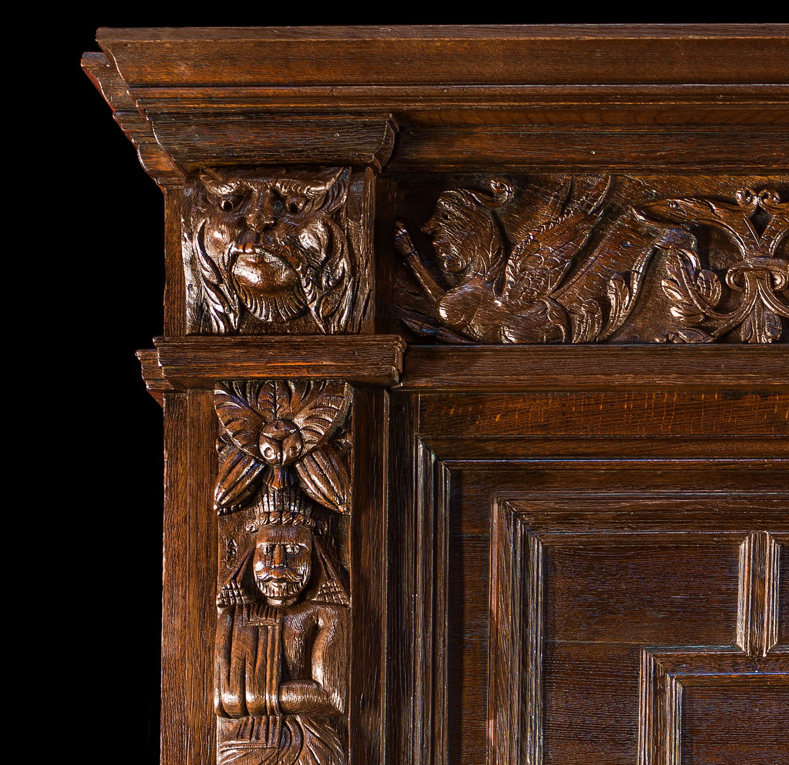 Jacobean Style Carved Oak Fireplace Mantel