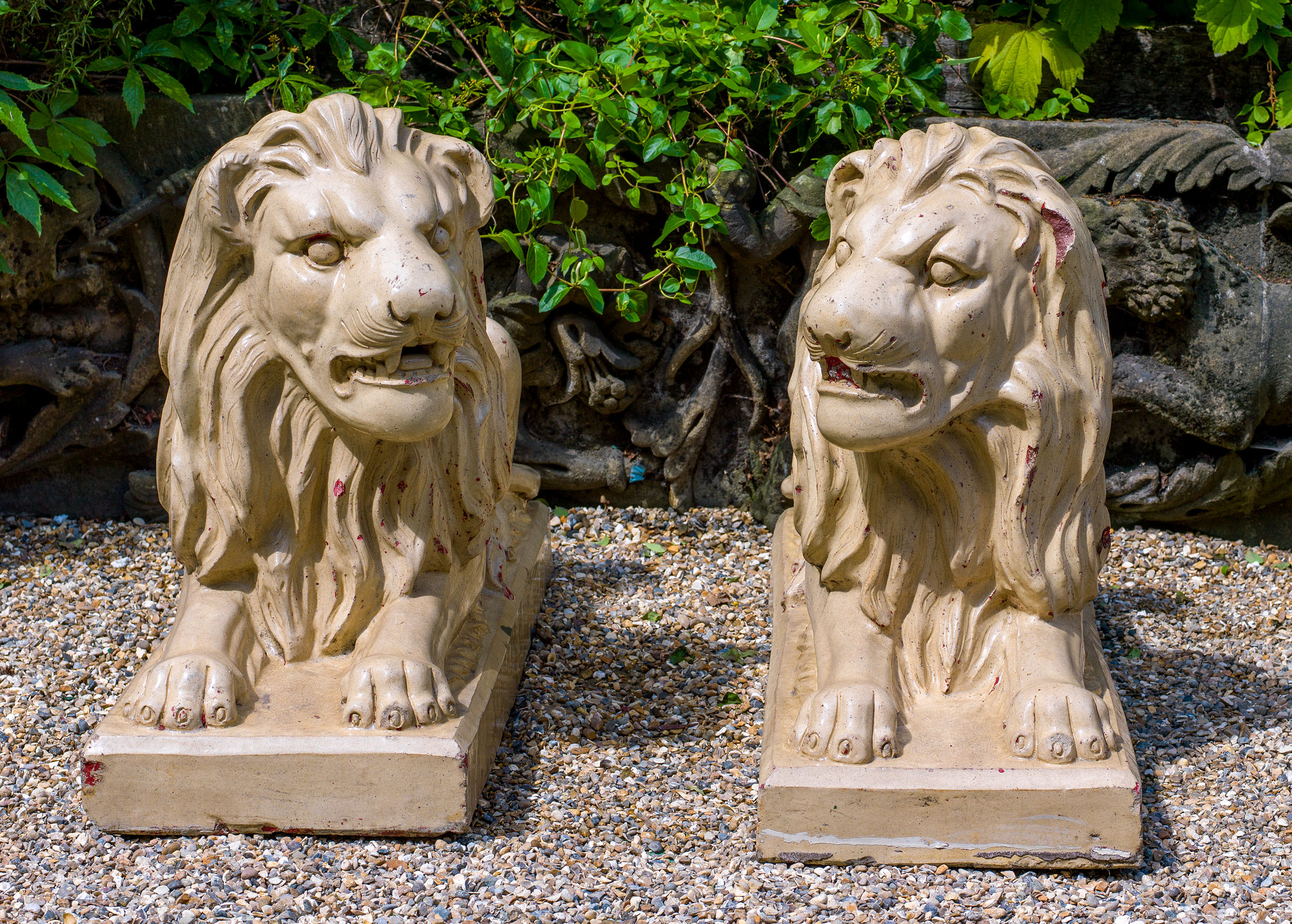 A Pair of Bristol Glazed Victorian Lions
