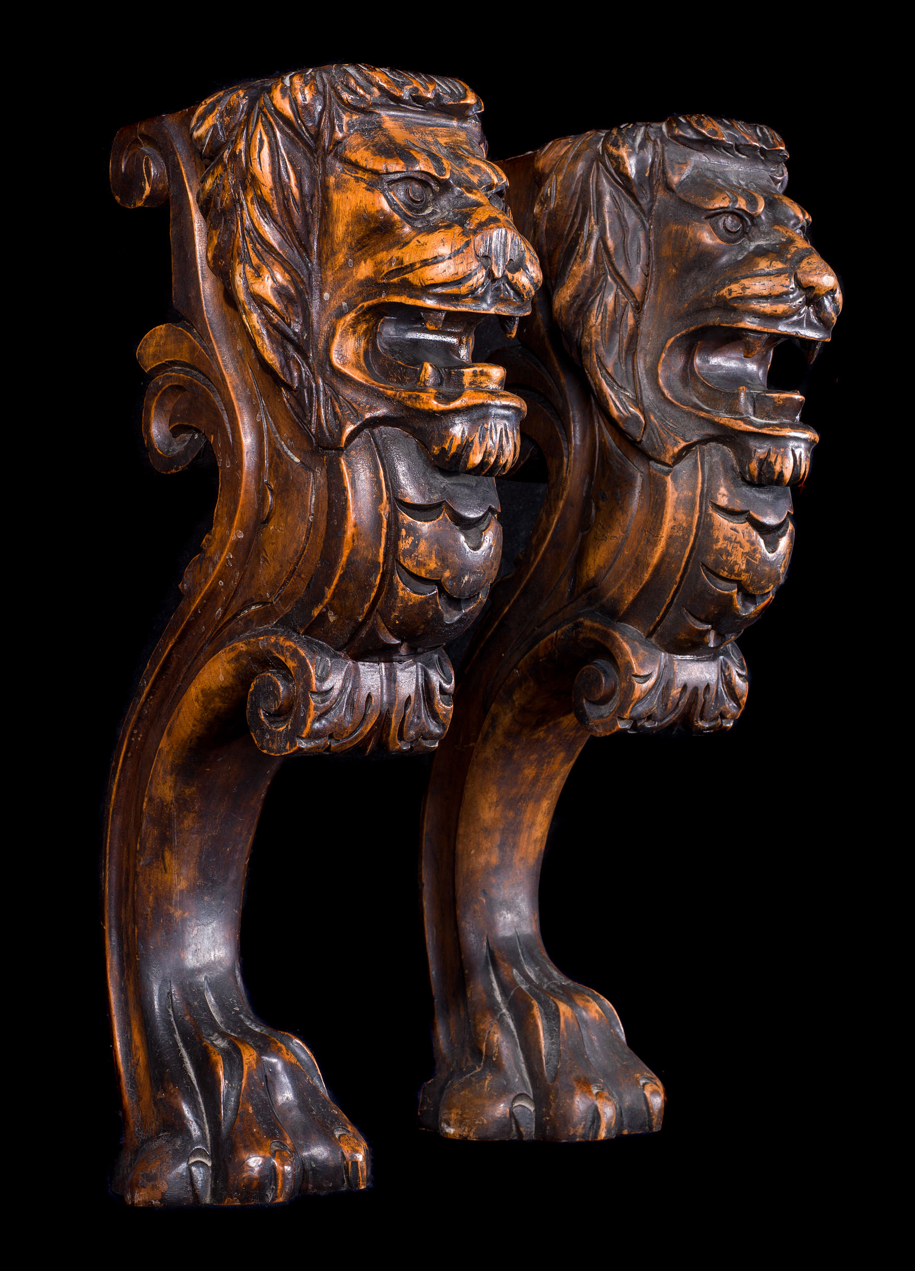 A pair of lion walnut monopodia terms
