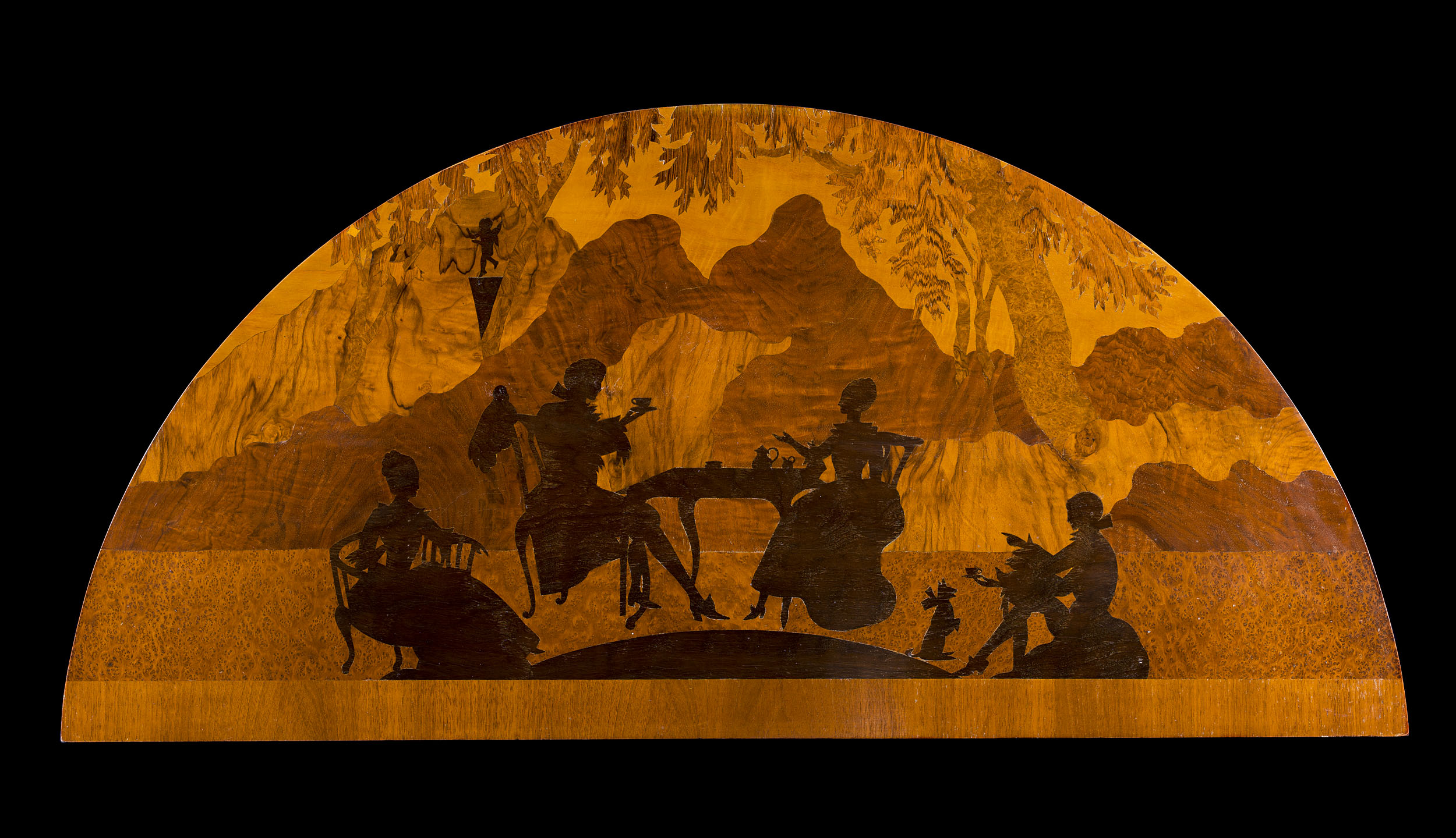 A Marquetry Wood Panel depicting a Fete Champetre Landscape 
