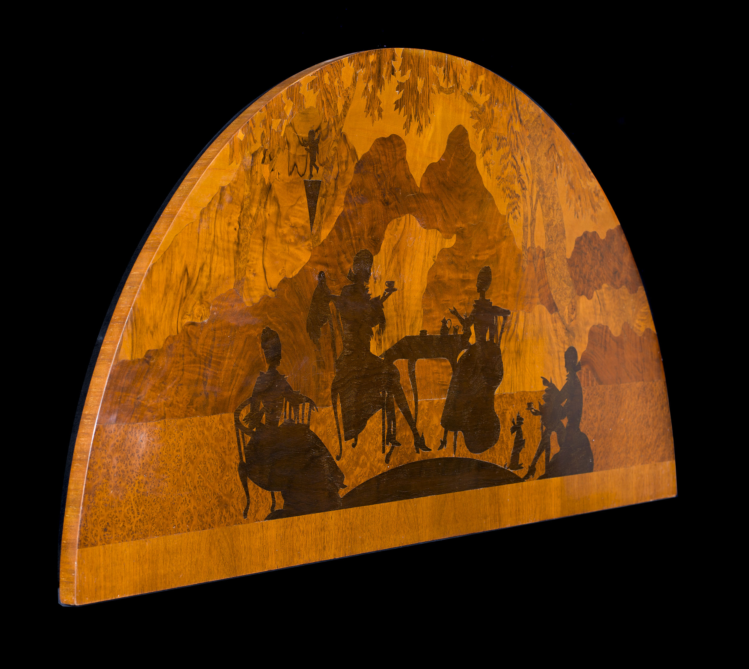 A Marquetry Wood Panel depicting a Fete Champetre Landscape 
