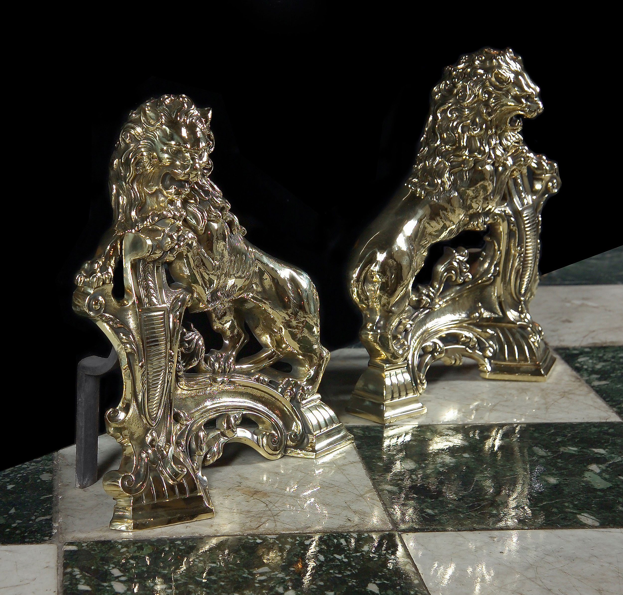  Louis XIV Brass Armorial Lion Chenets 
