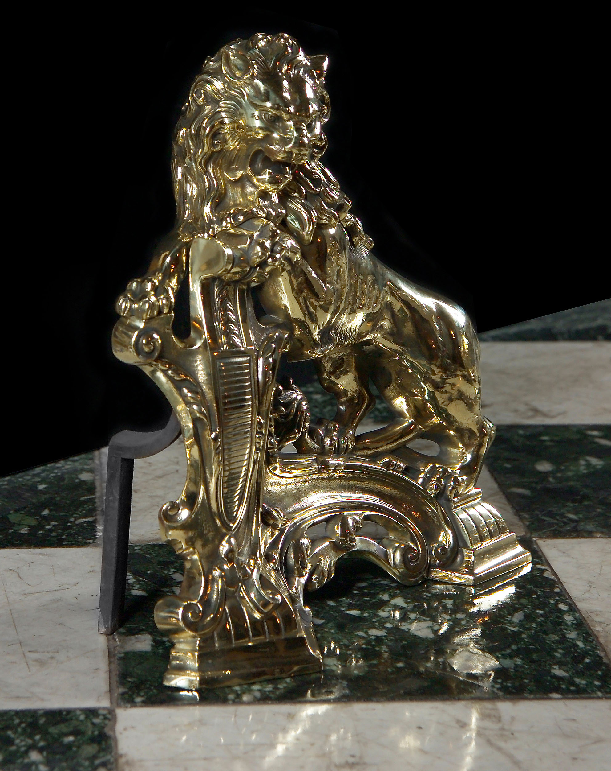  Louis XIV Brass Armorial Lion Chenets 
