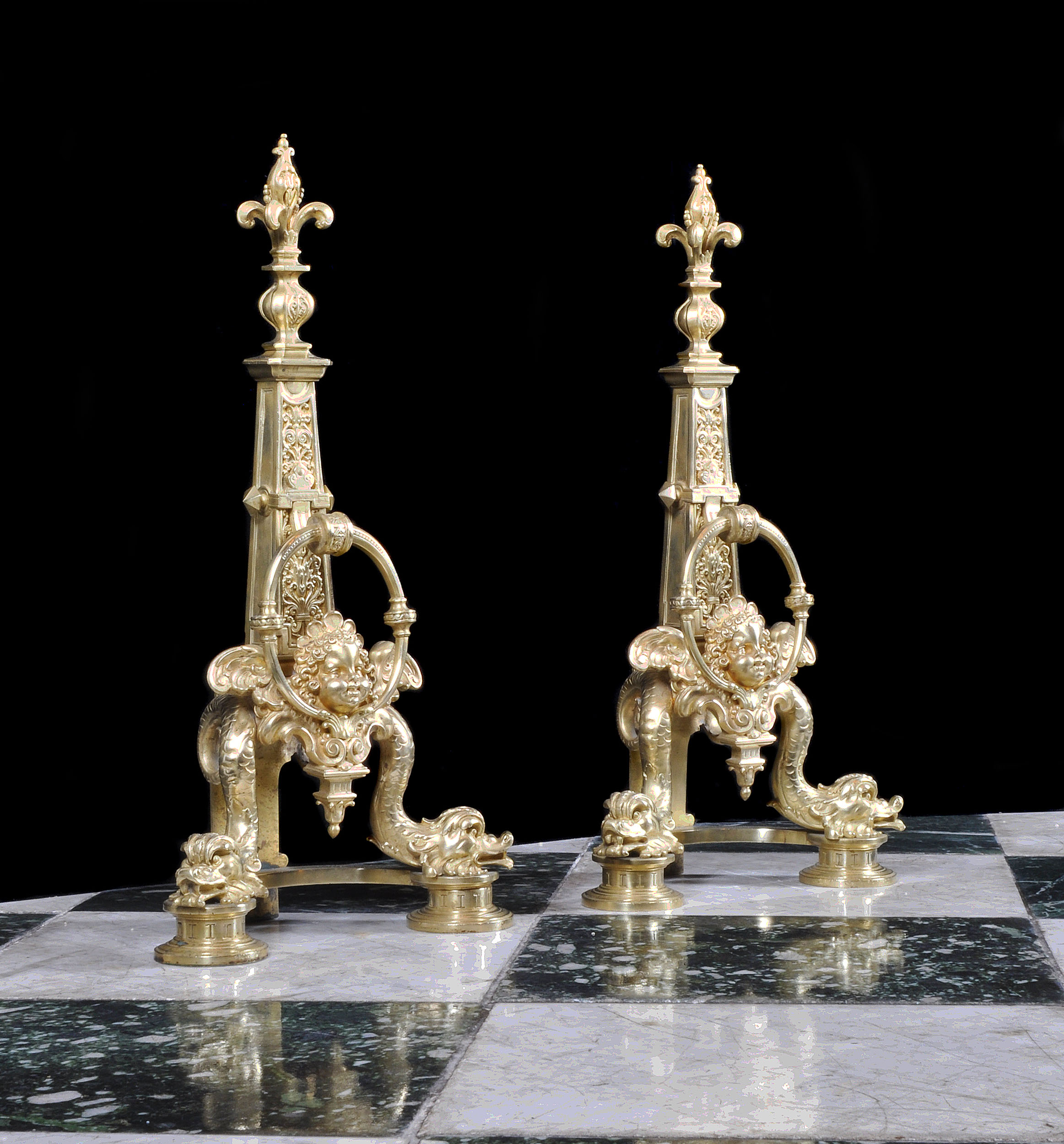 A Pair of Baroque Style Gilt Bronze Andirons