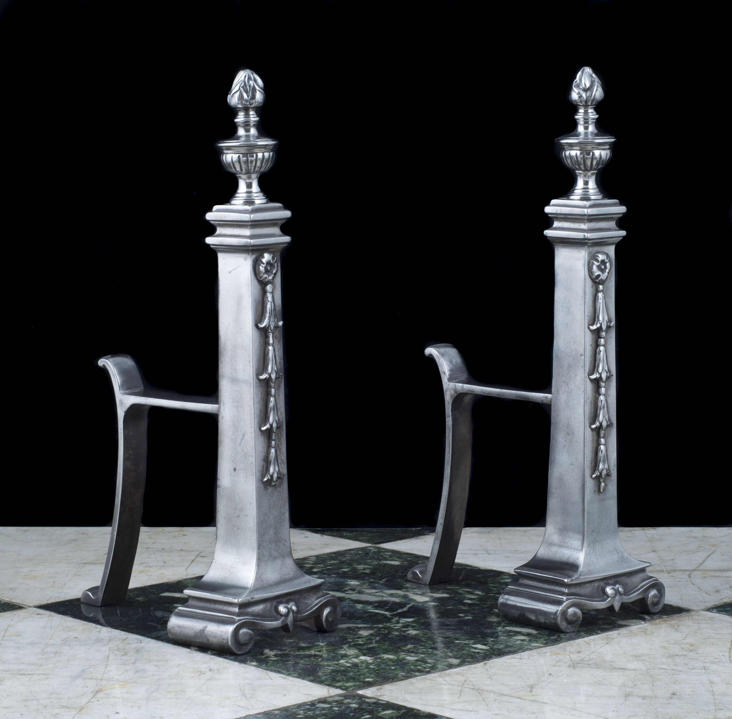 Polished Cast Iron Neo-Classical Andirons 