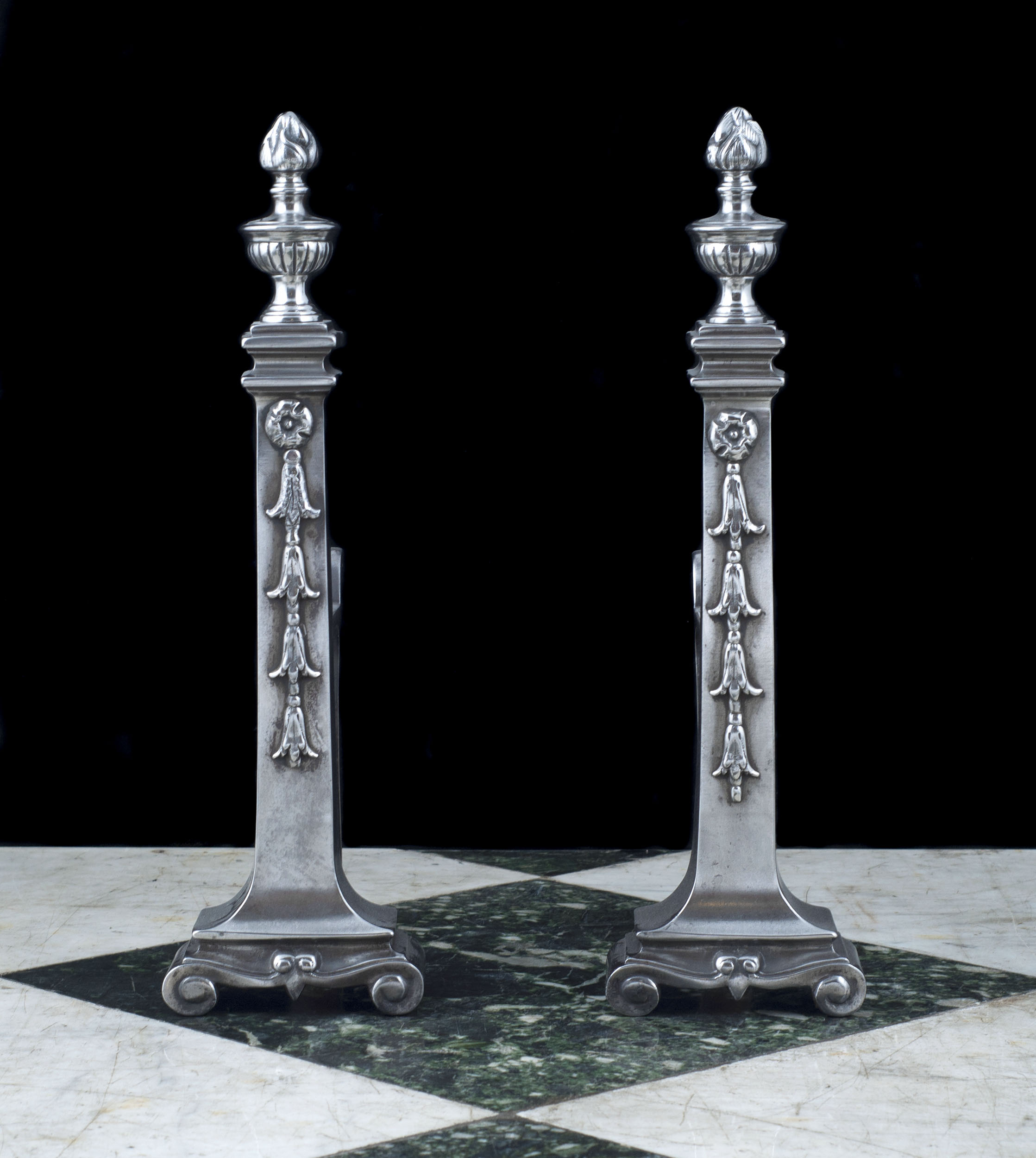 Polished Cast Iron Neo-Classical Andirons 