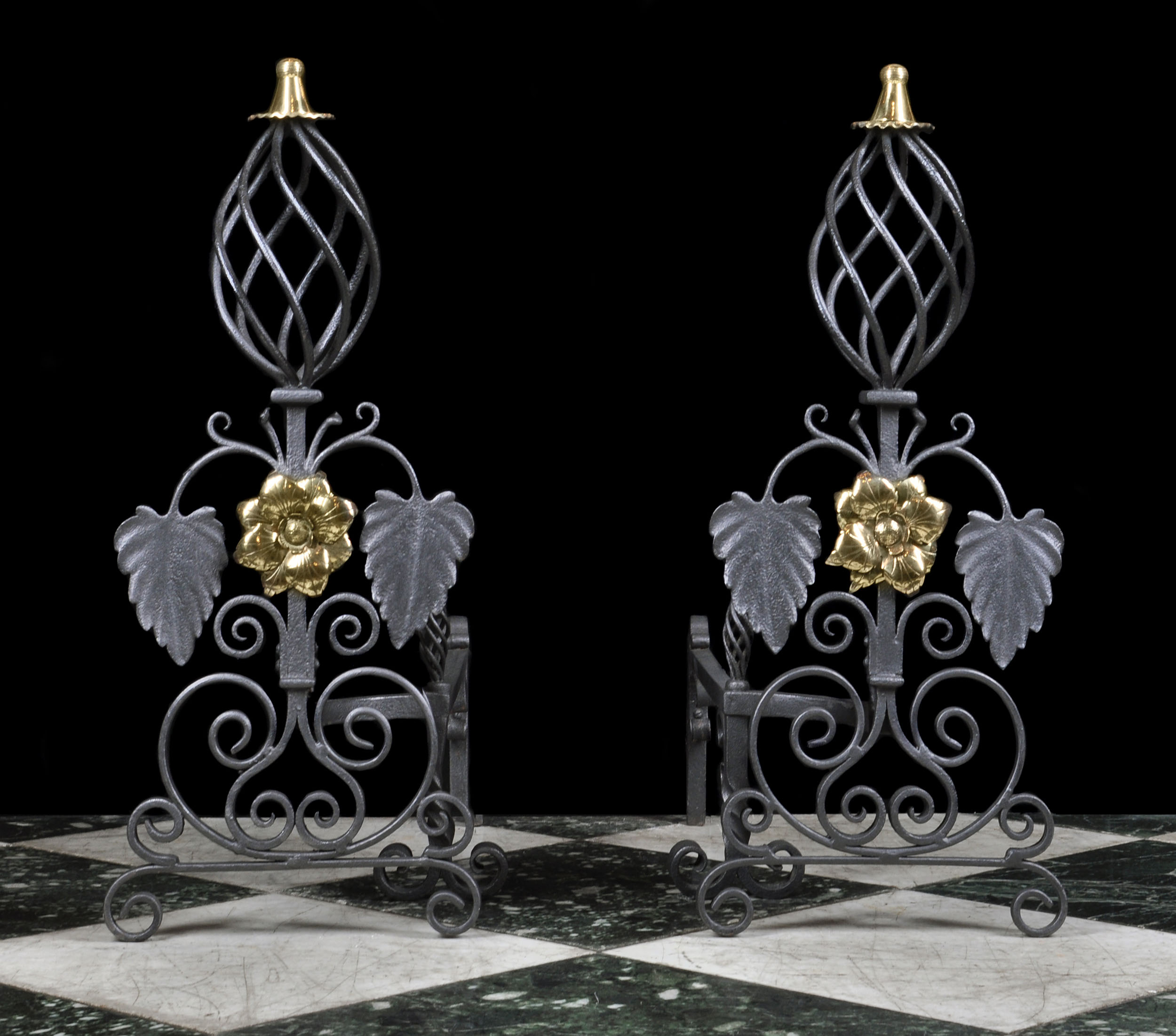 A Pair of Wrought Iron & Brass Andirons