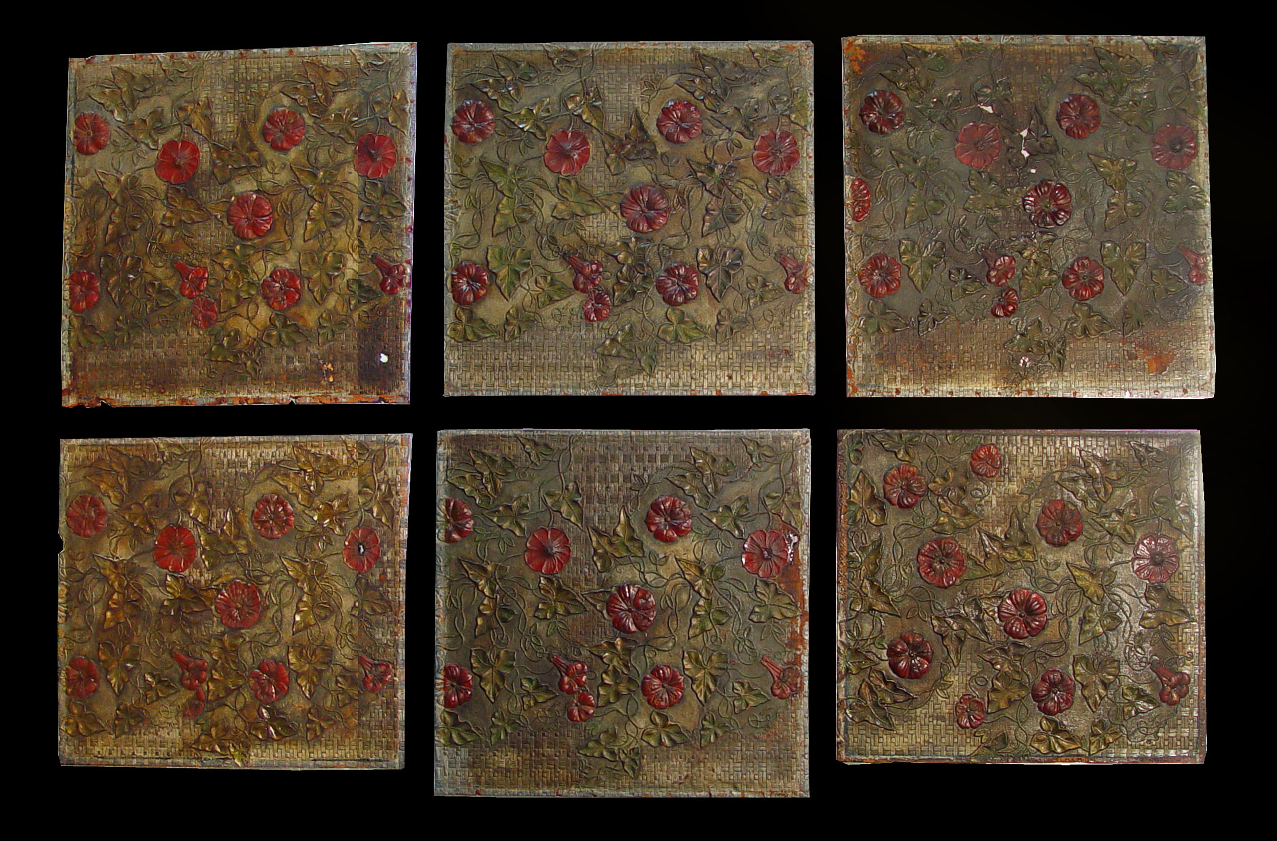 A Set of Six Painted Leather Panels