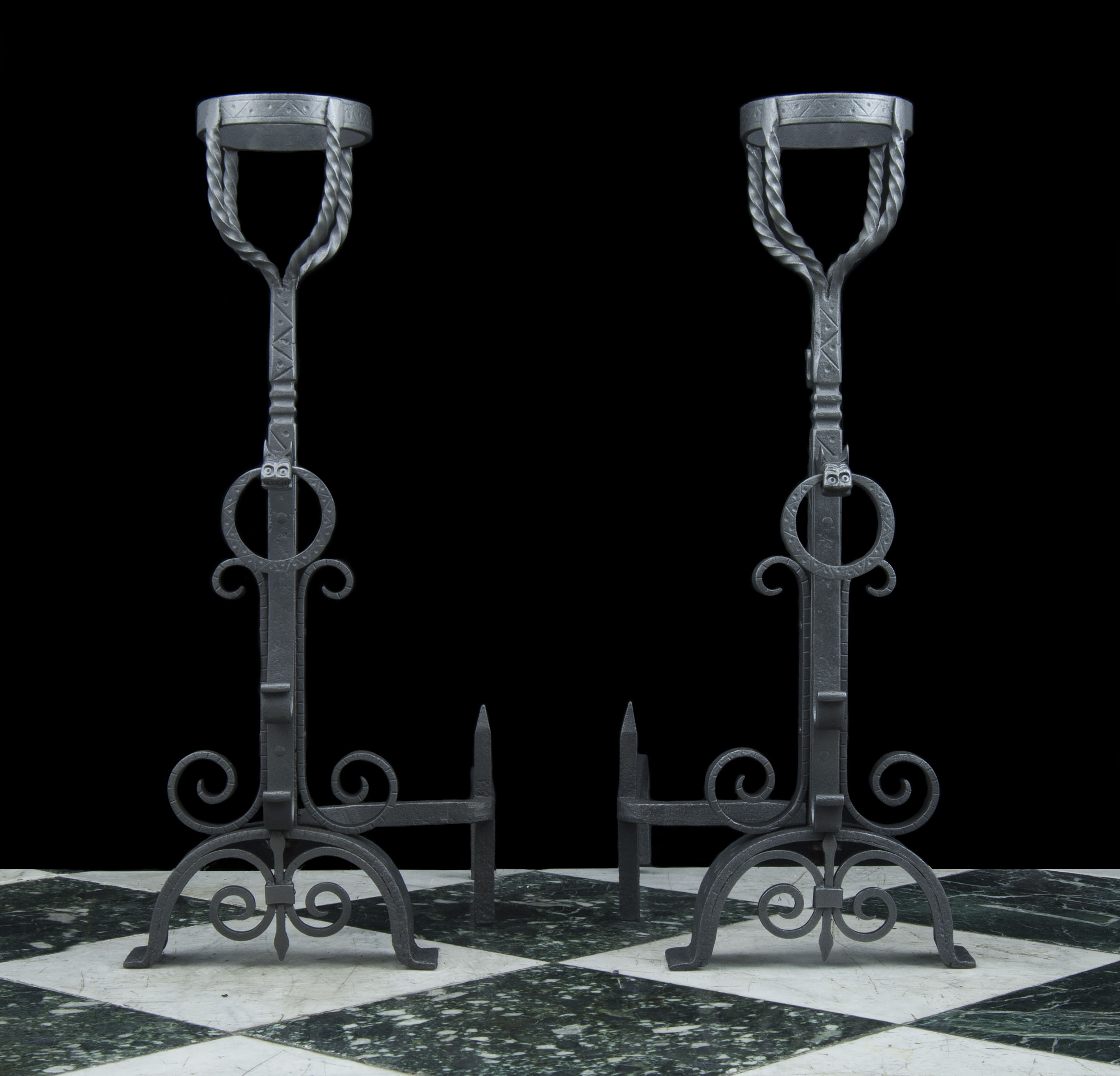A Pair of Jacobean Style Cresset Andirons