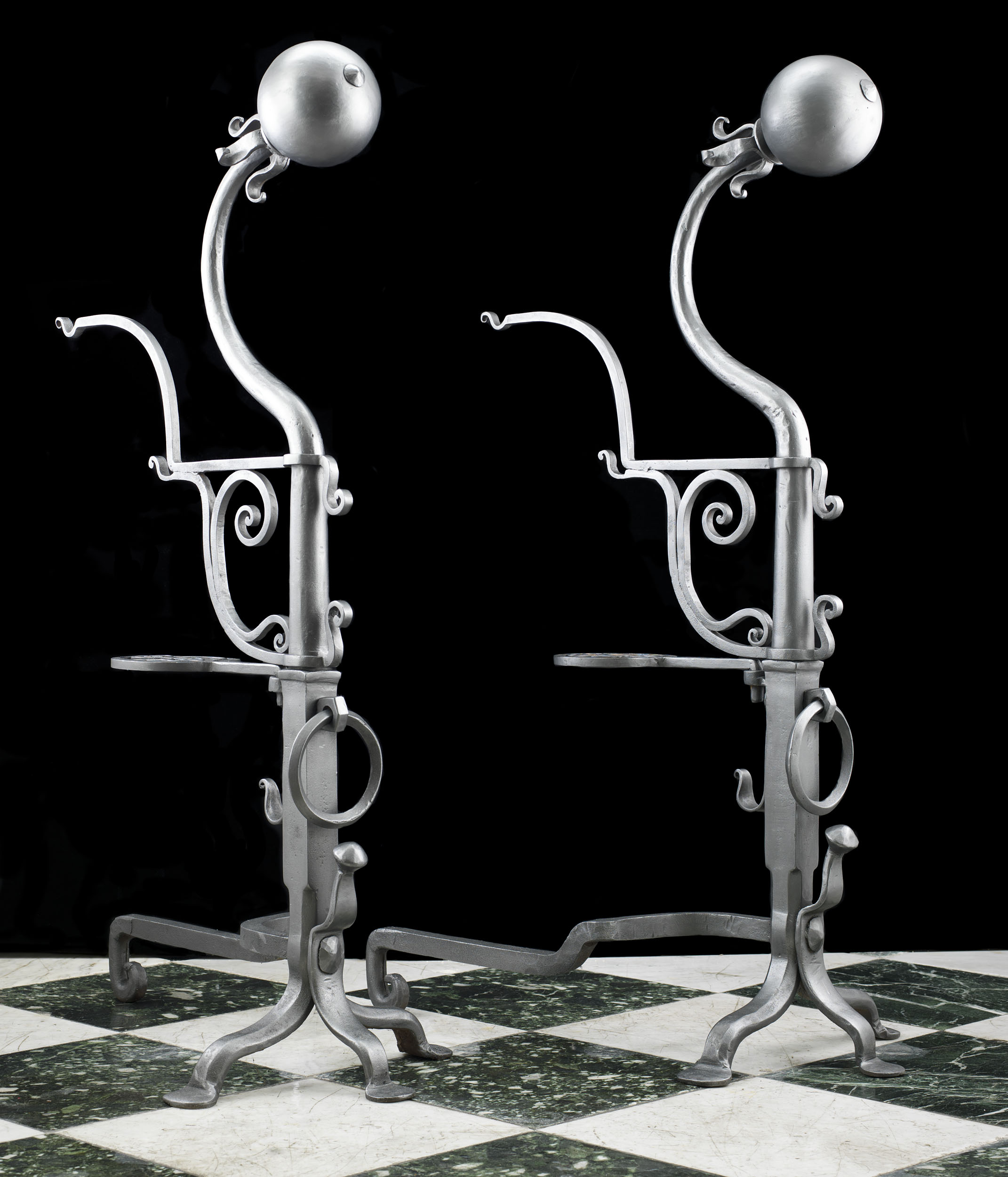 Tall Jacobean Style Wrought Iron Andirons  

