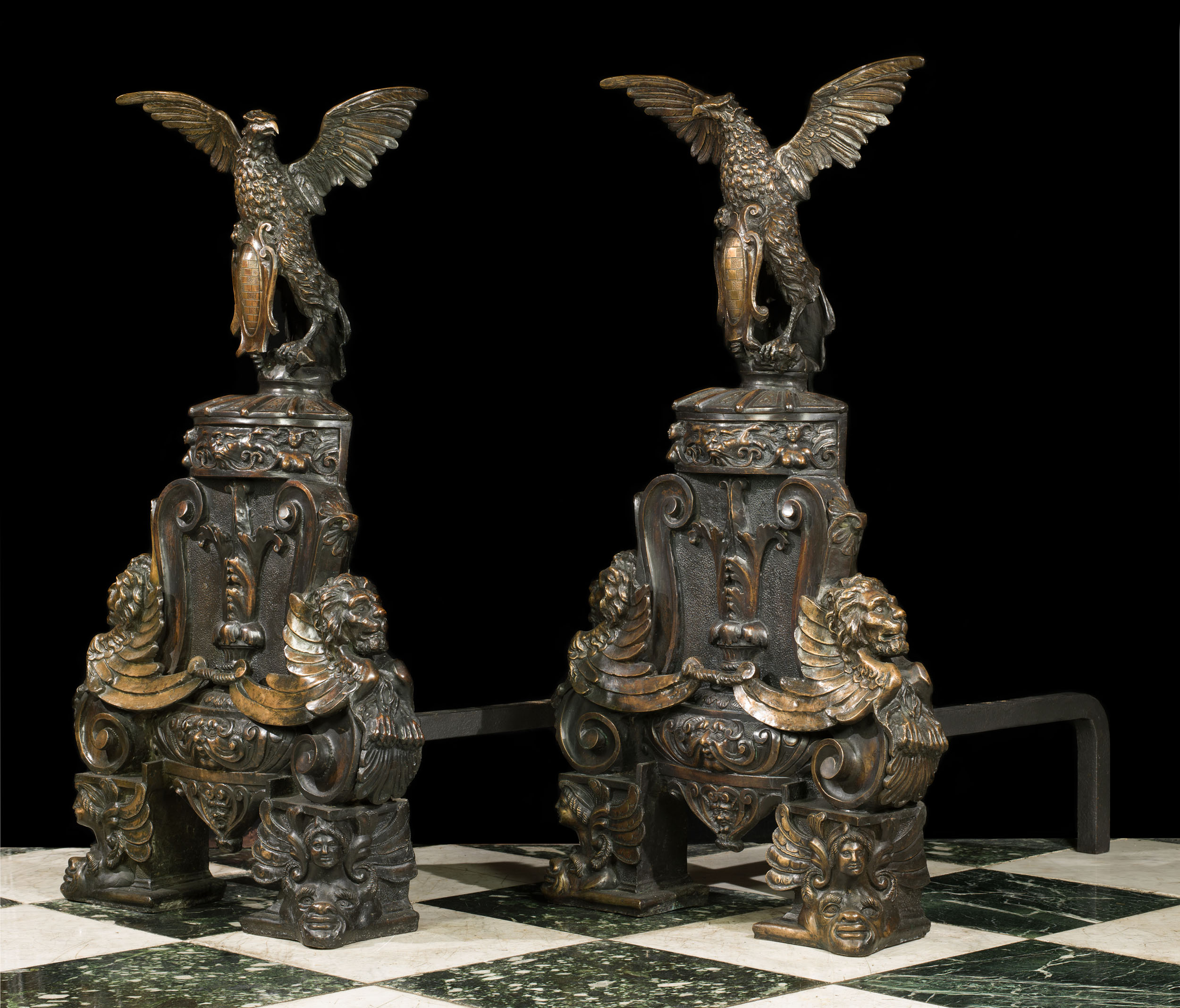 Majestic Bronze Baronial Style Andirons