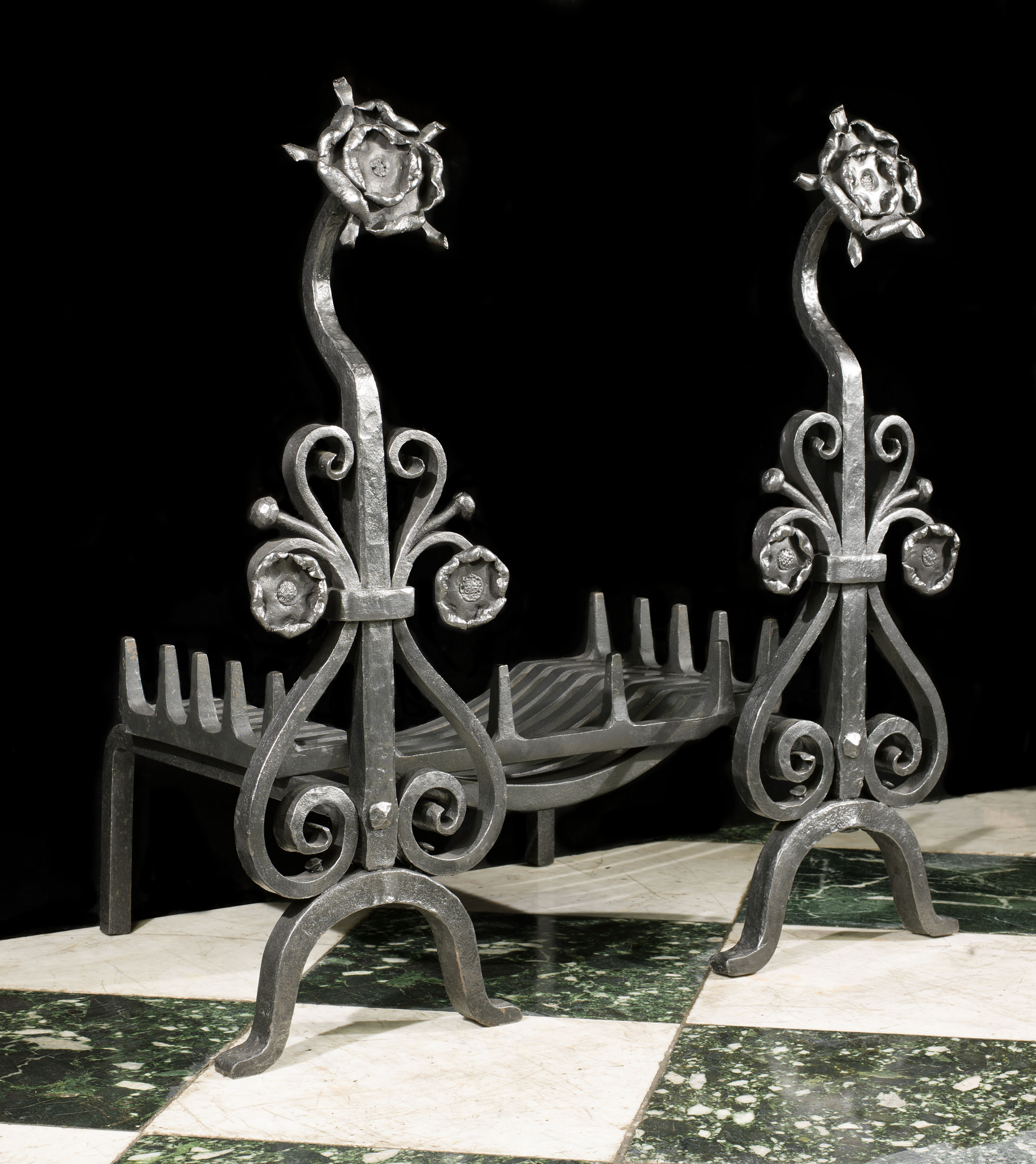 A Pair of Arts & Crafts Wrought Iron Andirons