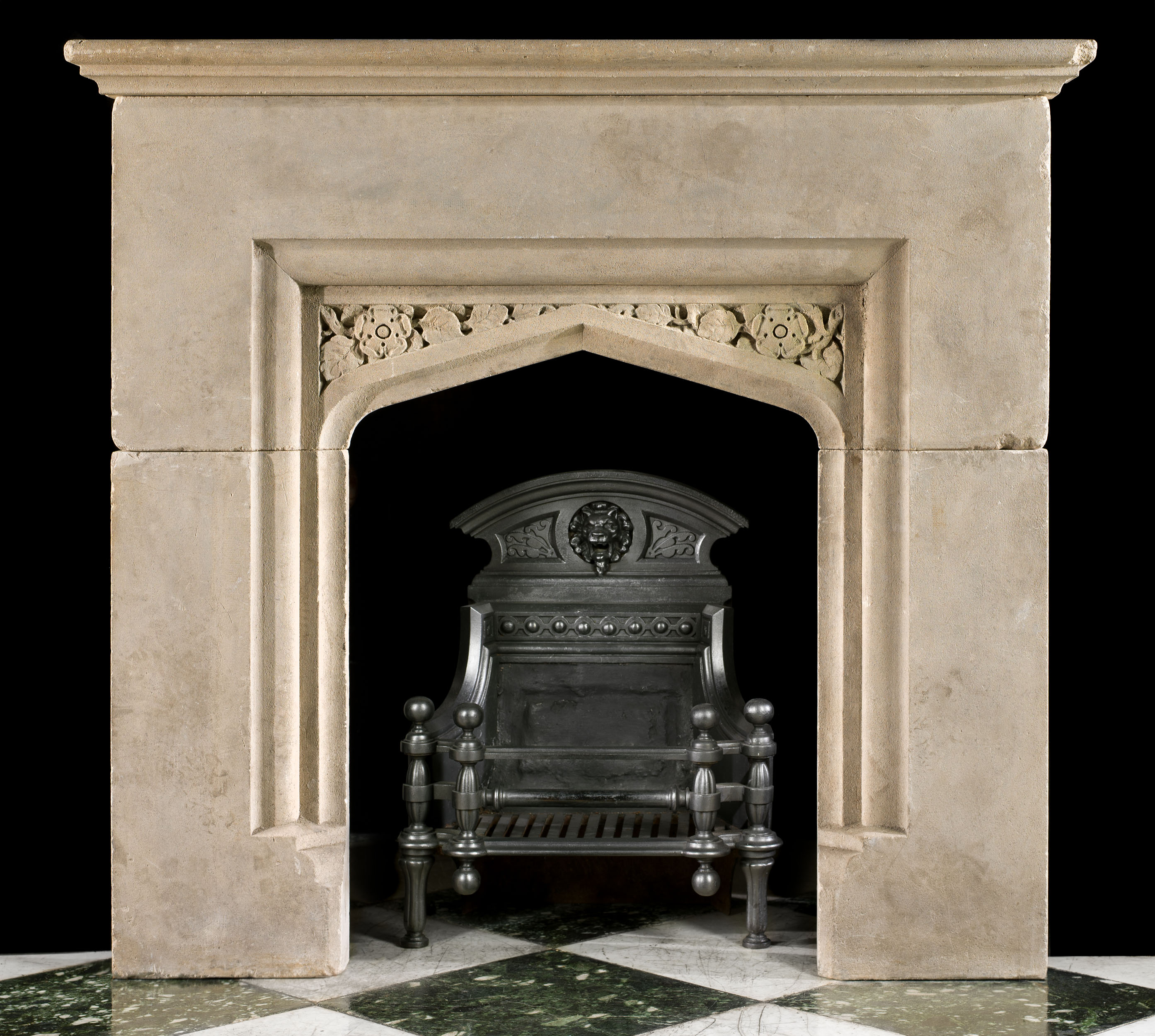 A Tudor Revival antique Victorian limestone fireplace mantel    