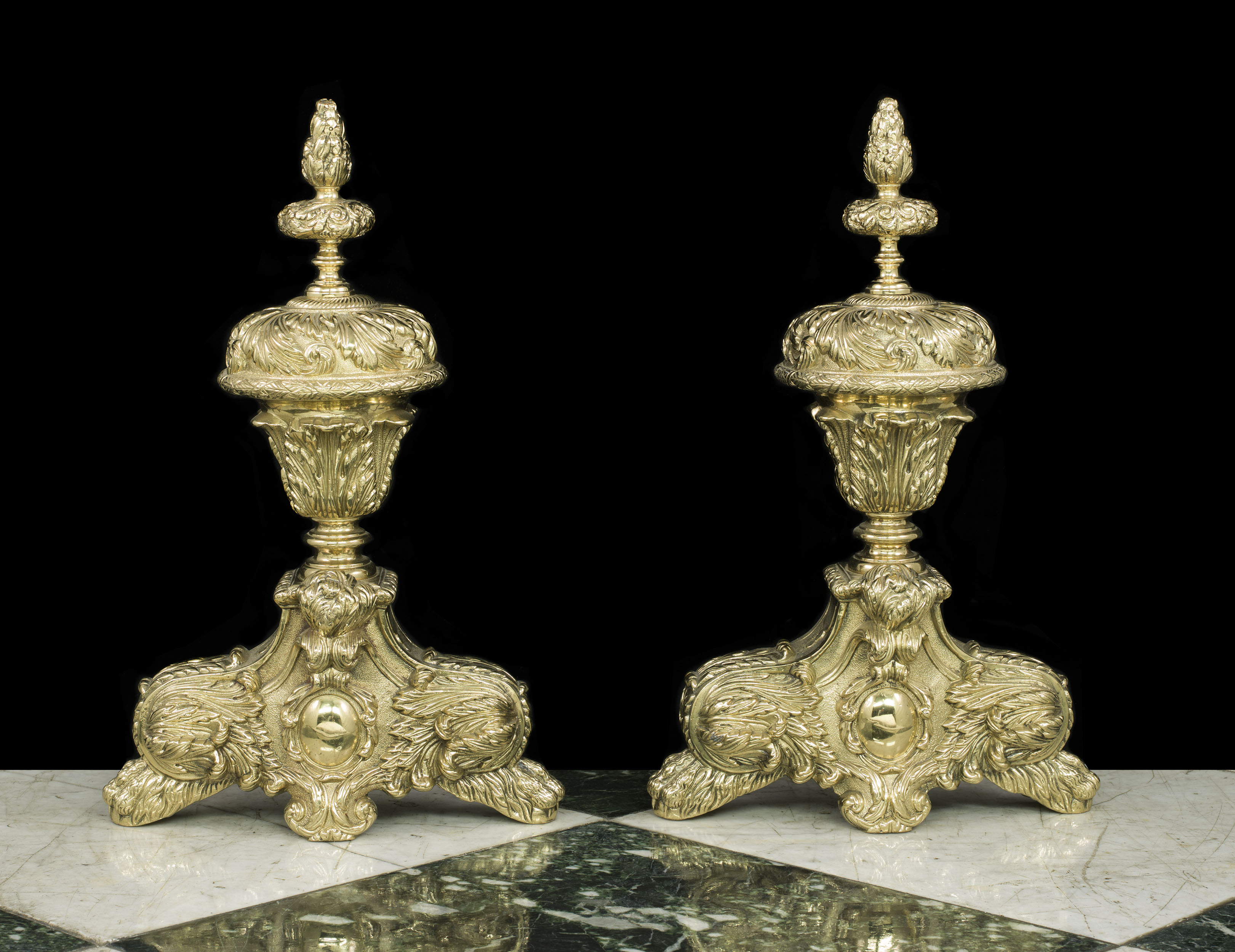  Early 20th century pair of brass Baroque style chenet