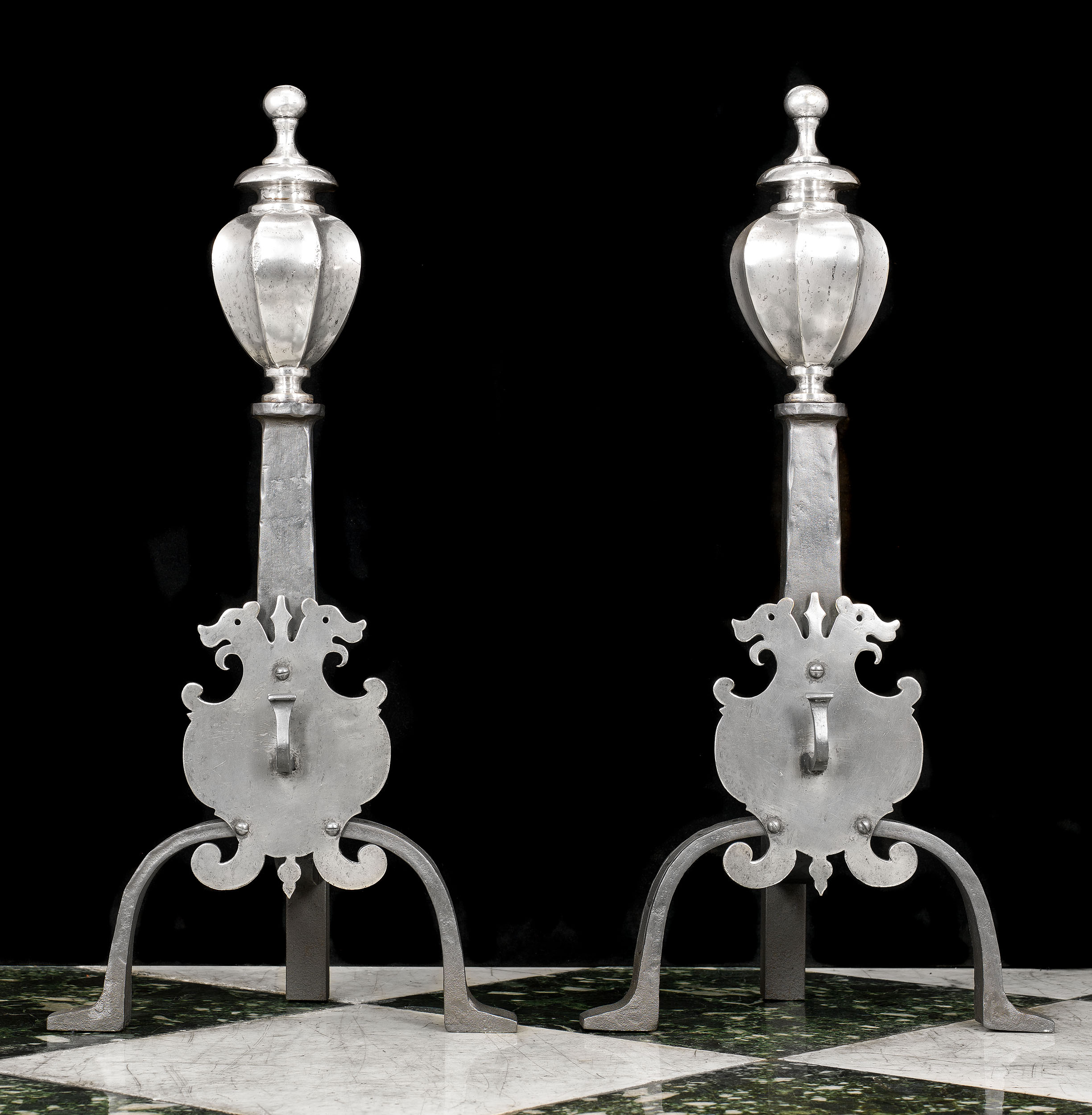 A Pair of Silver Plated 18th century Andirons
