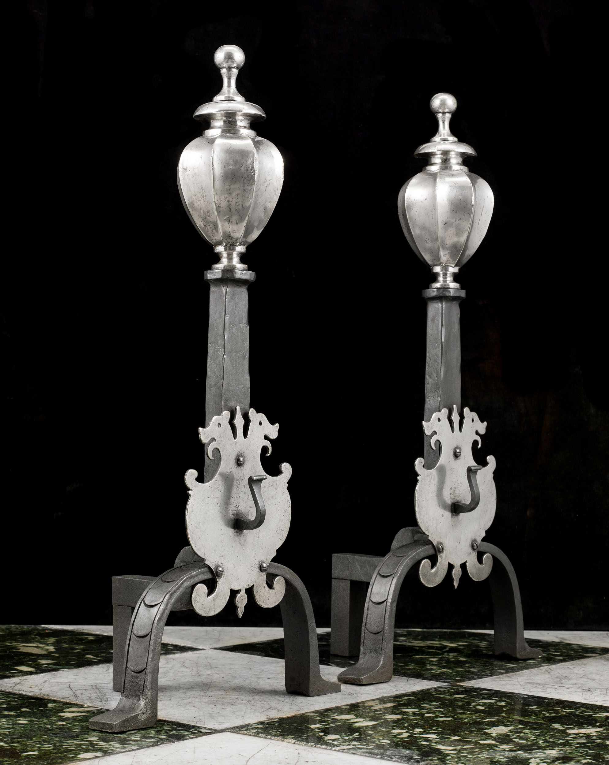 A Pair of Silver Plated 18th century Andirons
