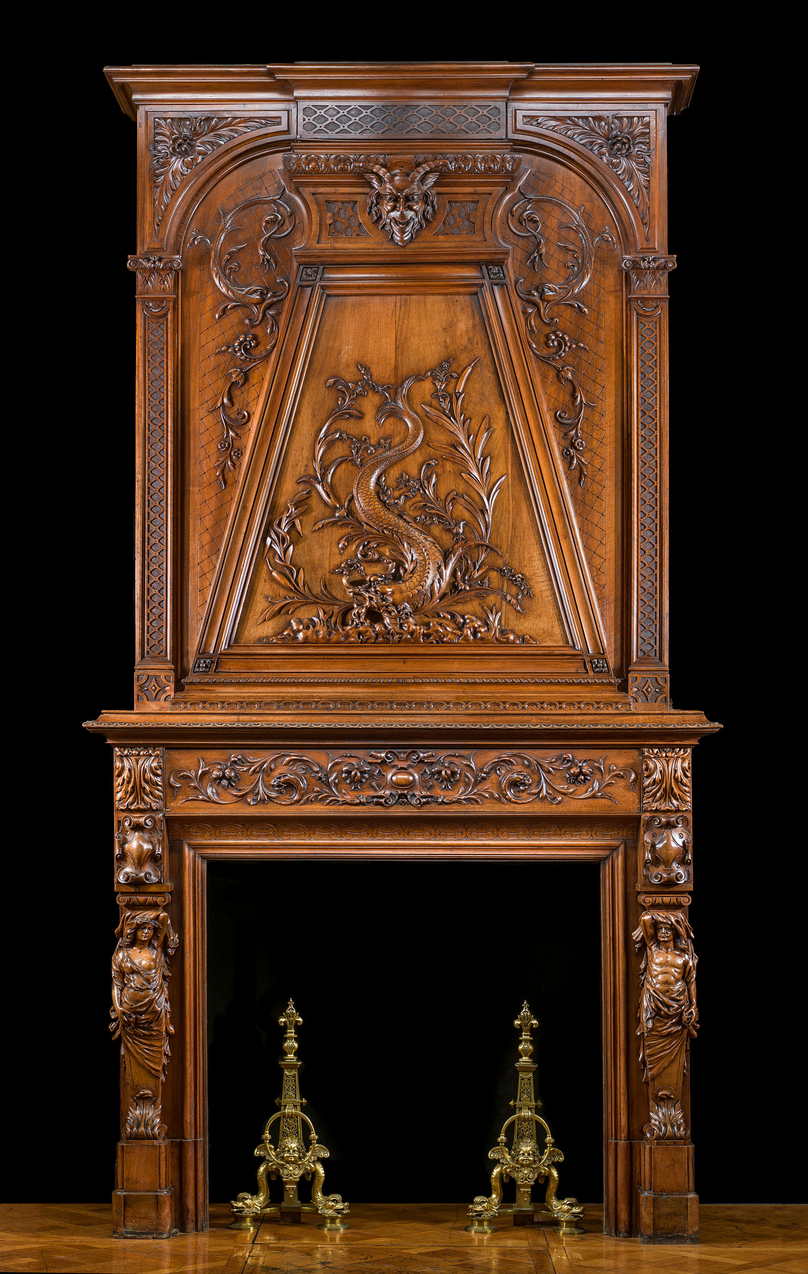  A tall French Carved Walnut Wood Trumeau Fireplace   