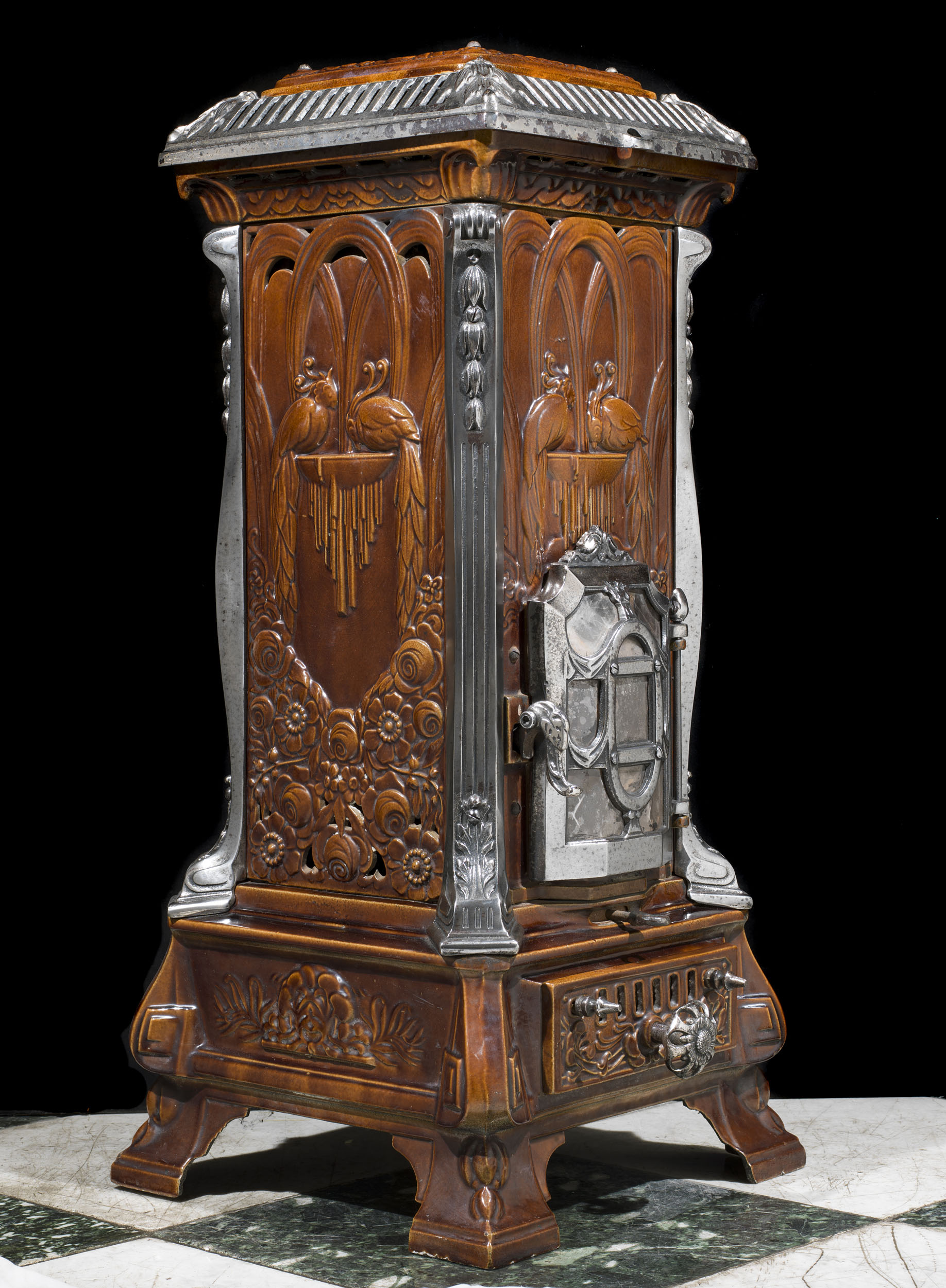 Russet brown enamelled cast iron French Tower Stove    