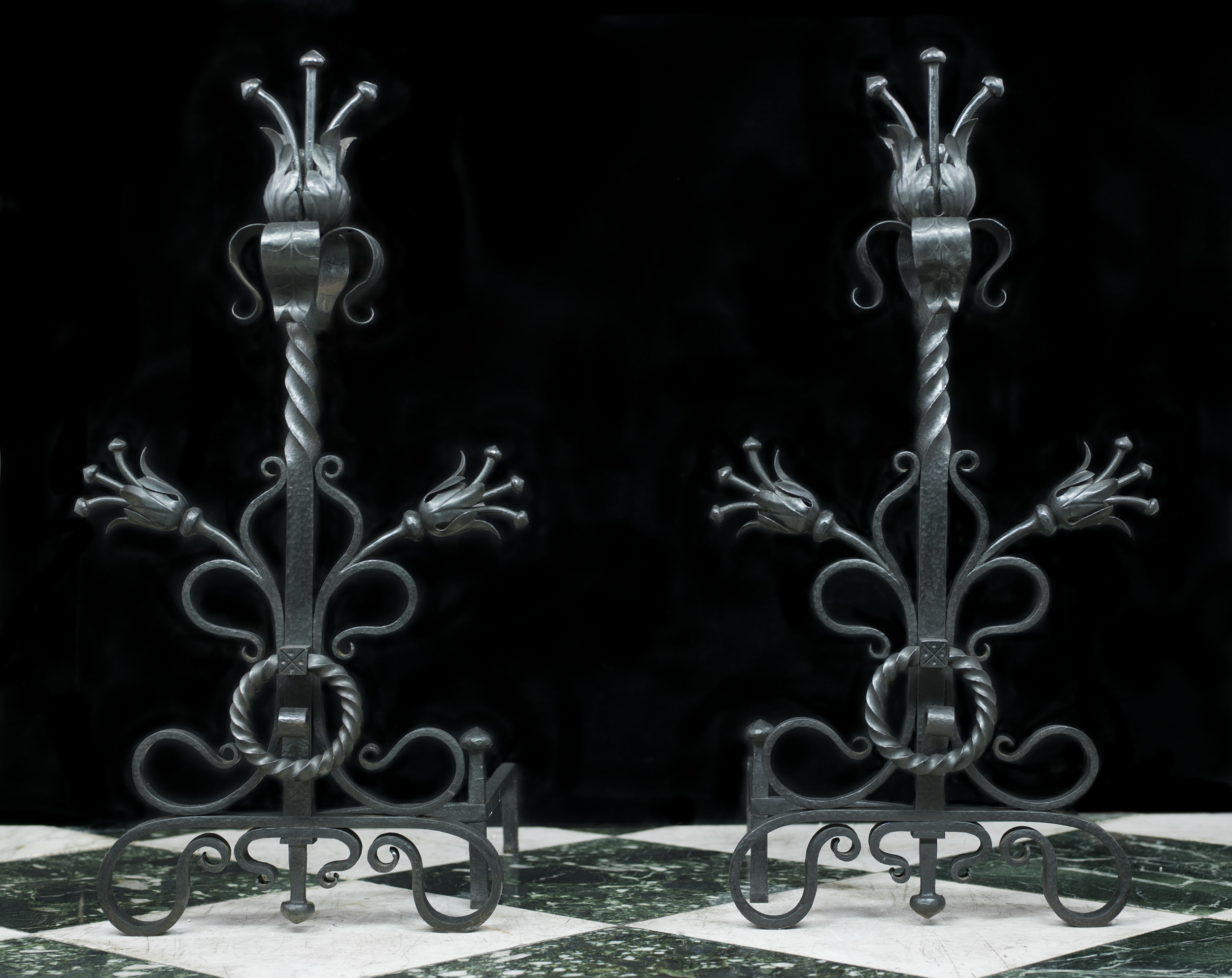 Arts & Crafts Pair of Wrought Iron Fire Dogs
