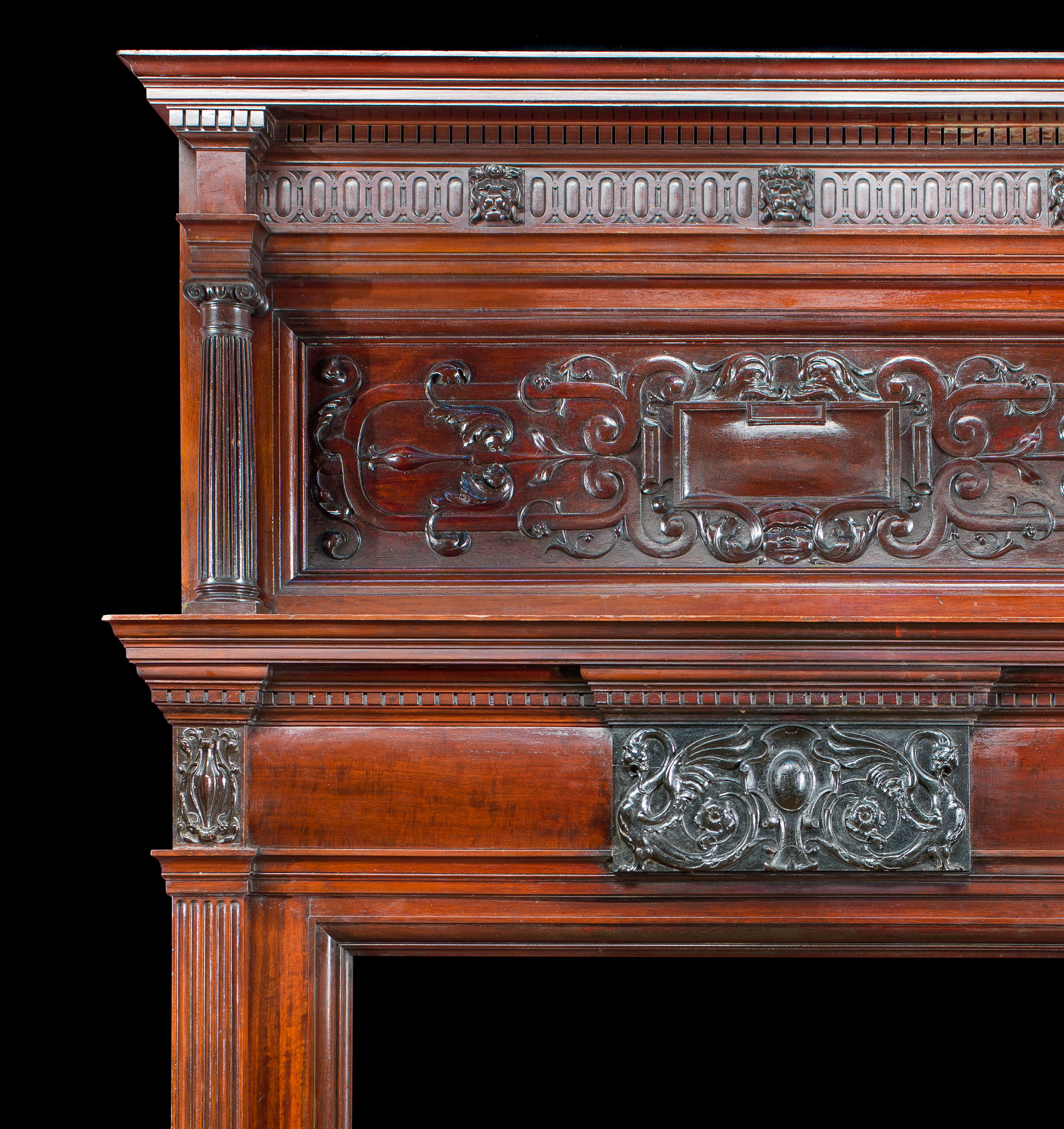 Tall Baroque Style Mahogany Fireplace Mantel