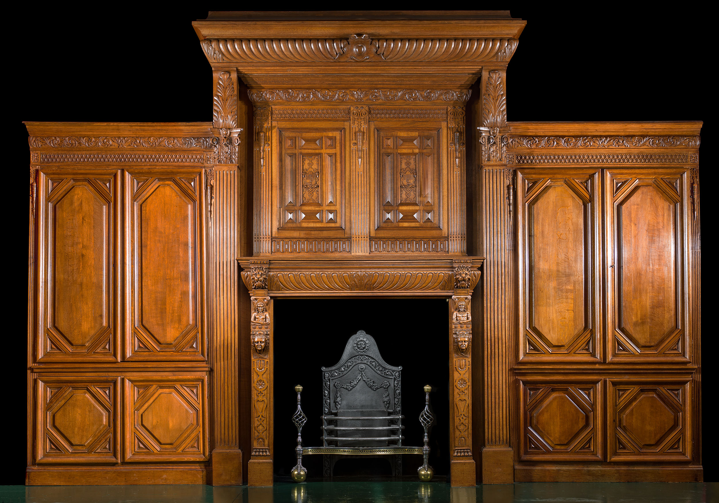 French Carved Oak Fireplace and Overmantel     