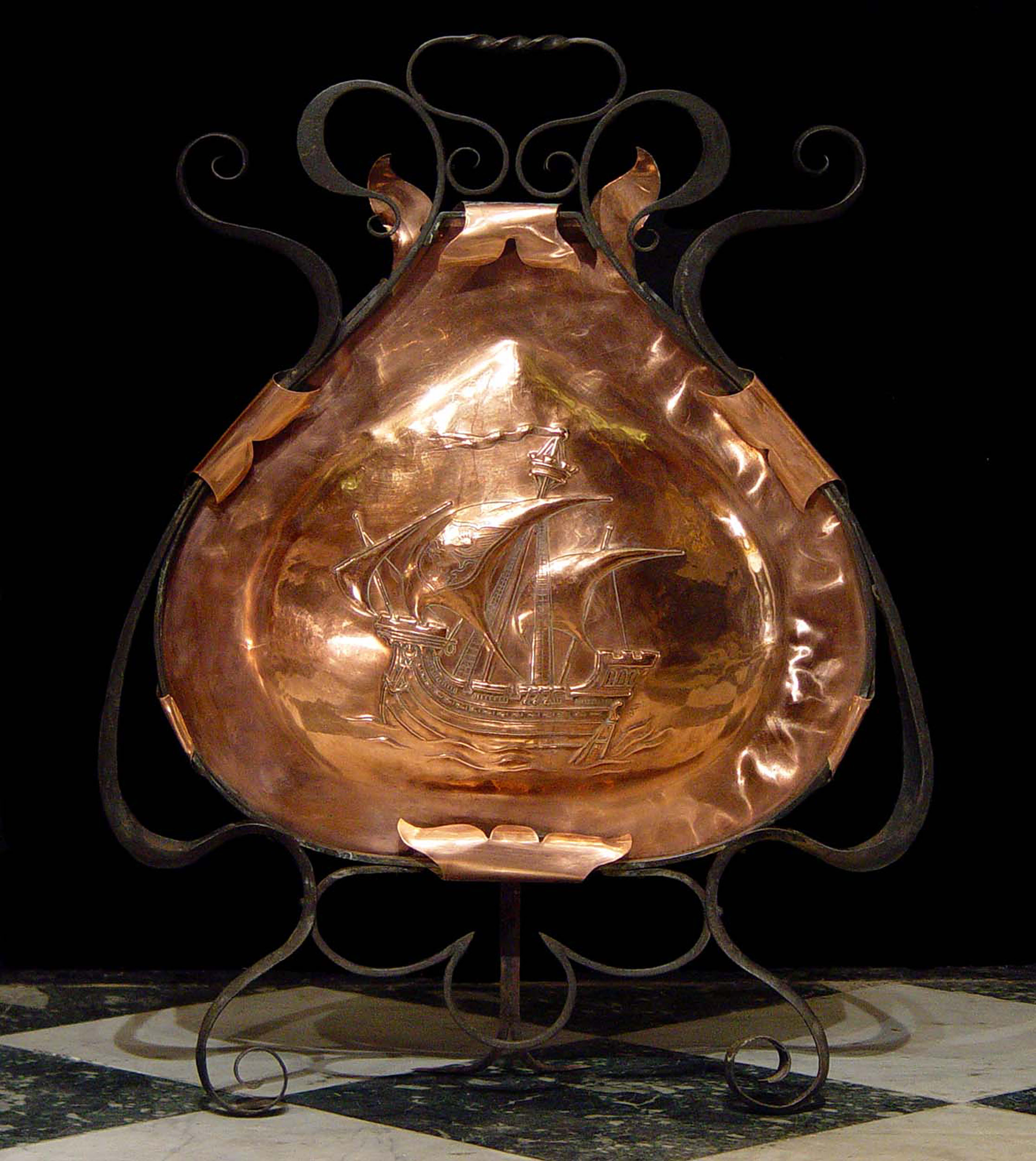 An Art Nouveau Copper Galleon Fire Screen
