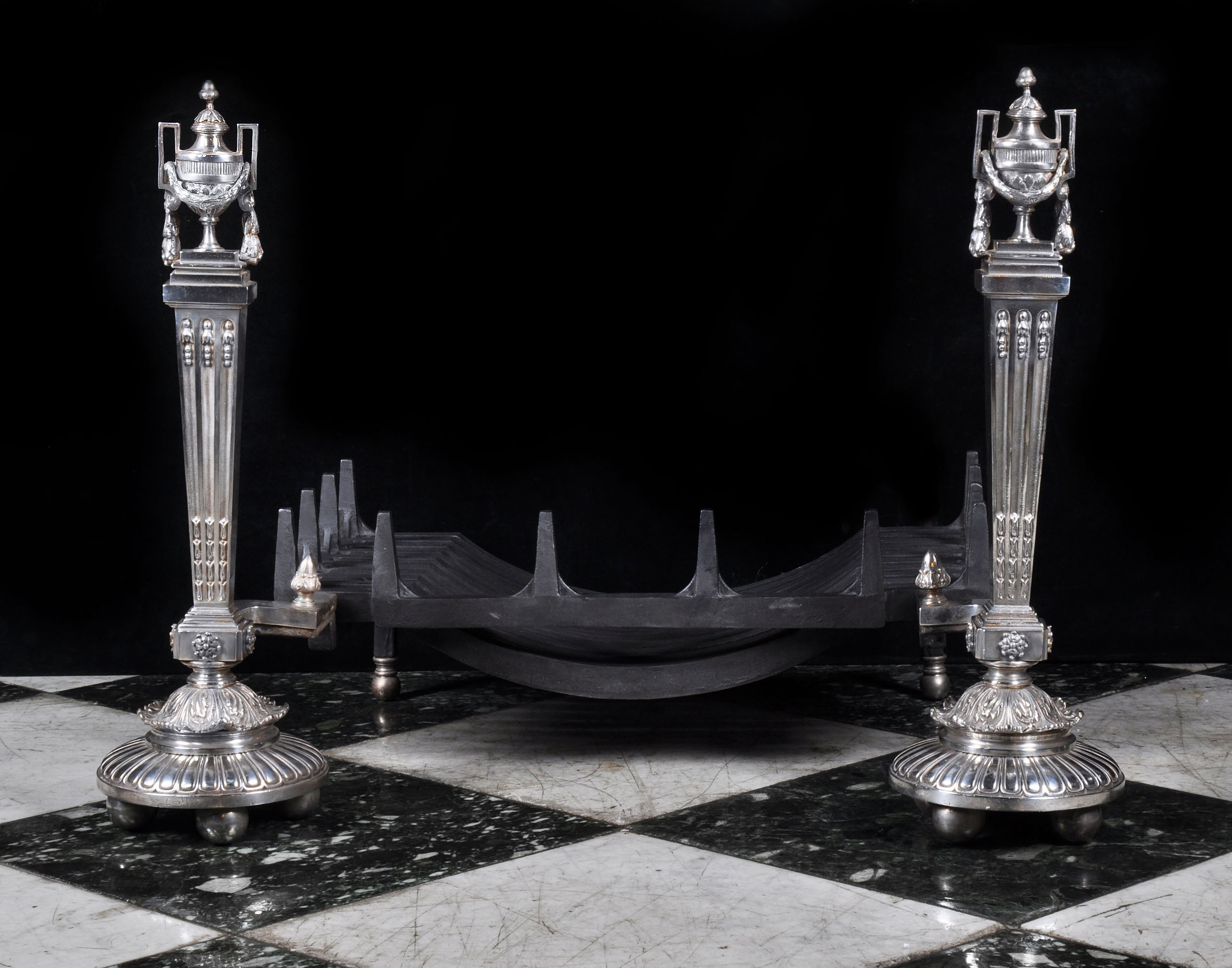 Tall Classical Style Silver Plated Andirons 