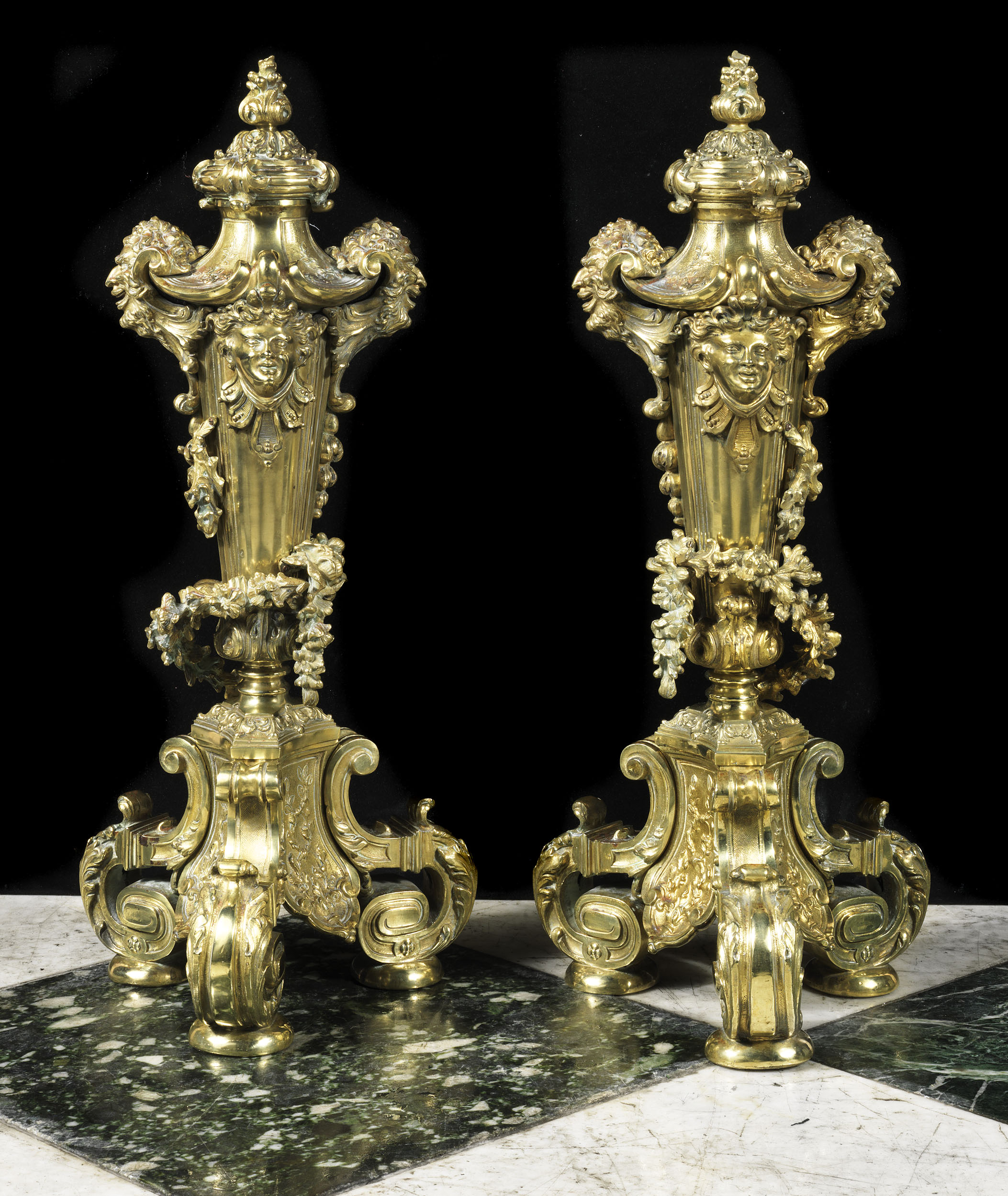 Antique Chenets in Louis XVI style cast in Gilt Bronze

