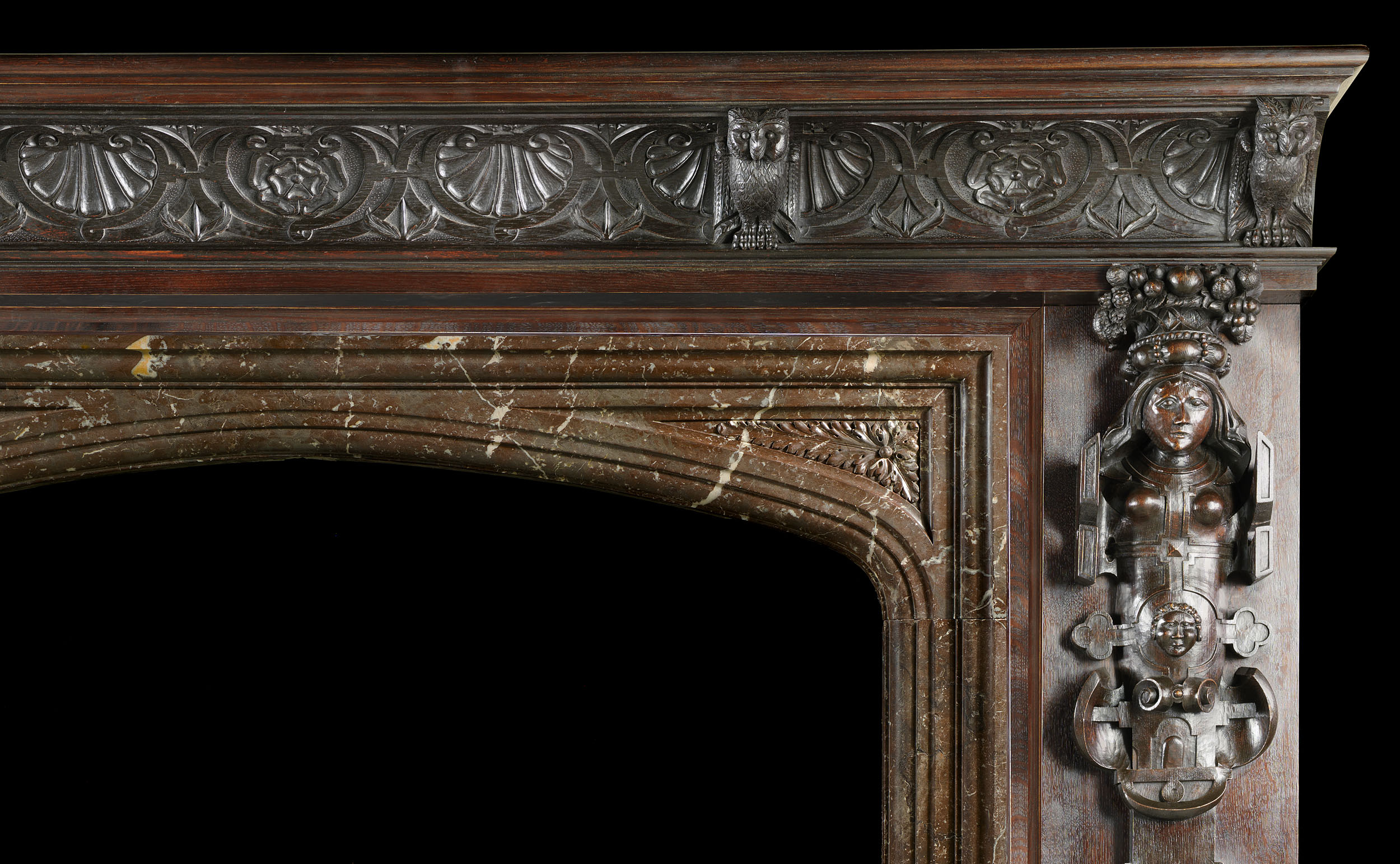 Renaissance carved oak fireplace and overmantel    