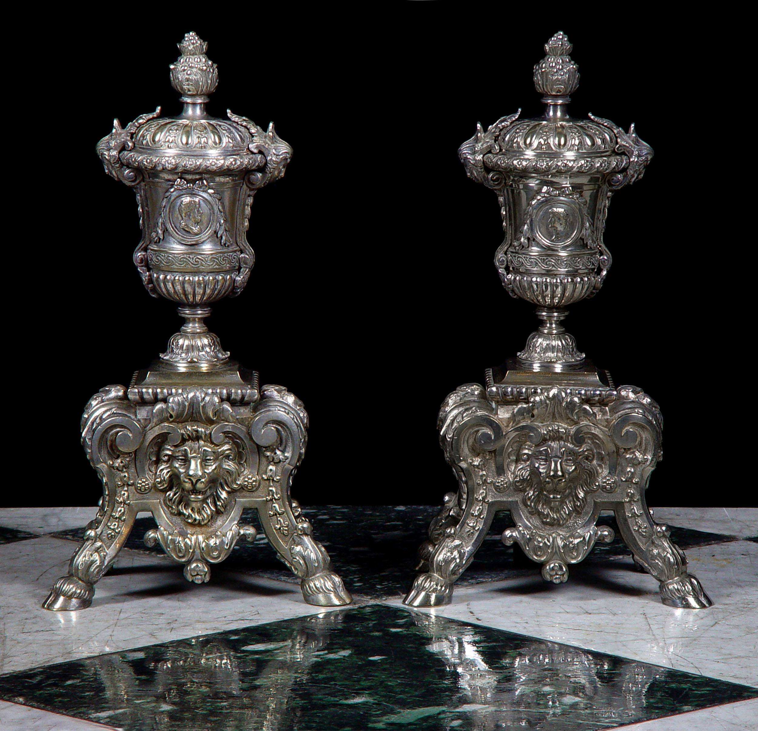 Charles II Style Silver Plated Andirons
