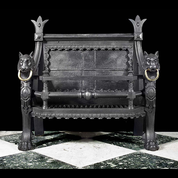  A Regency cast iron Baronial style wolfhound fire grate   