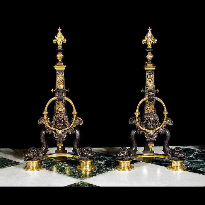  Superb pair of gilt bronze Baroque style andirons   