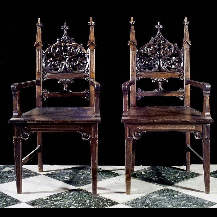 Victorian pair of Gothic style hall chairs    