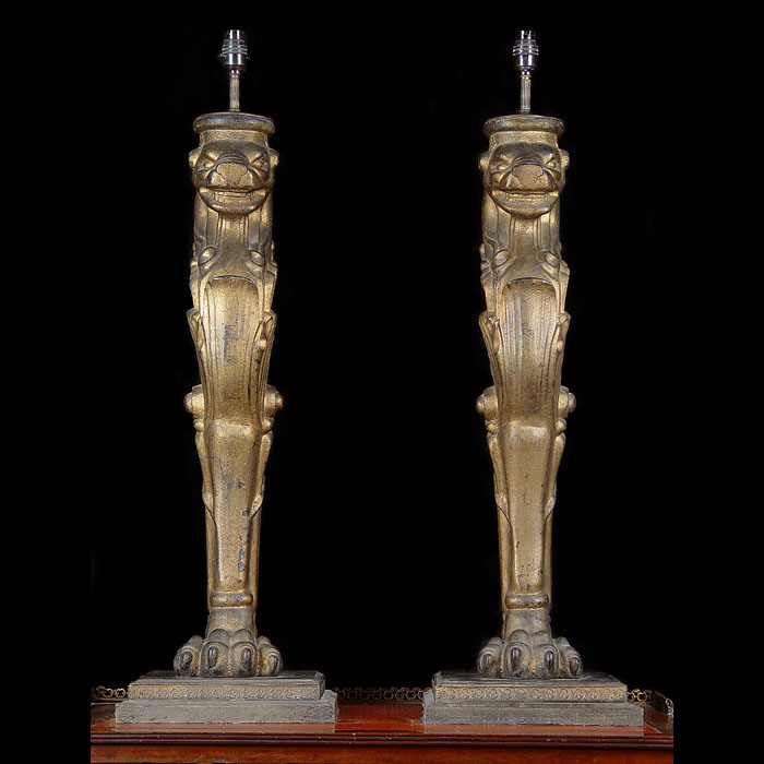 Pair of Cast Iron Greek Revival Lion Lamps
