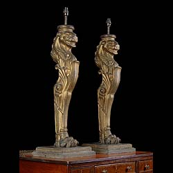 Pair of Cast Iron Greek Revival Lion Lamps
