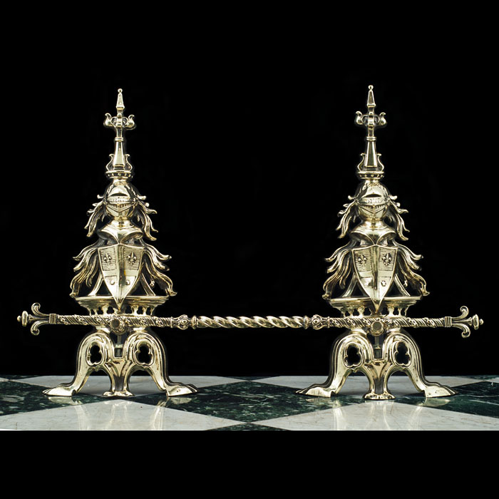 A Gothic Revival Pair of Brass Andirons 