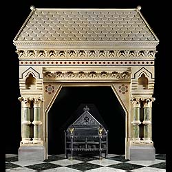 A Reformed Gothic antique Caen Stone fireplace and overmantel
