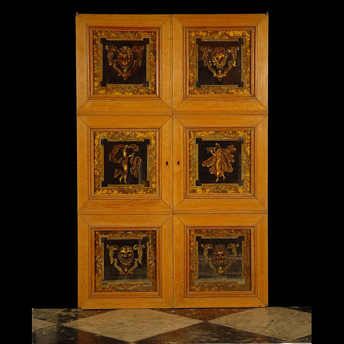 Antique Verre Eglomise Oak Doors with six small panels depicting Masks and Roman style figures 

