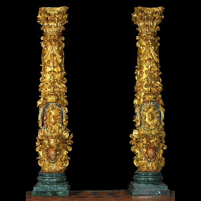 Ornate Pair of Giltwood Baroque Columns