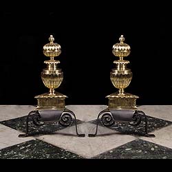 Wrought Iron & Brass Baroque Style Andirons