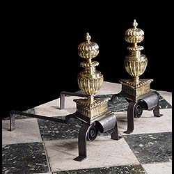 Wrought Iron & Brass Baroque Style Andirons