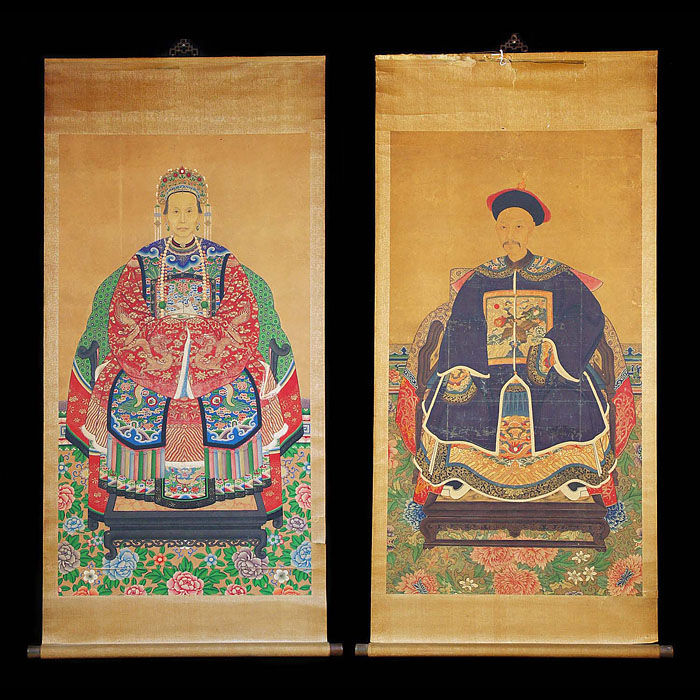 Antique 19th Century Watercolour Pair of Chinese Portraits
