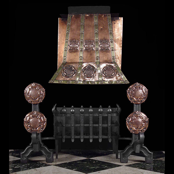 A Tudor Revival Iron and Copper Fire Grate