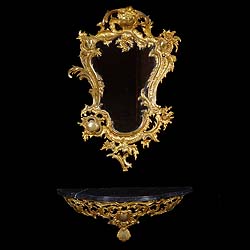 Antique Girandole Brass Mirror in a Louis XV Rococo maner, with Matching Console Table
