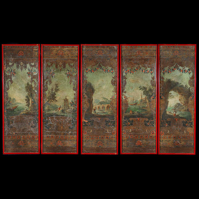 A set of five 18th century embossed and painted antique leather panels 
