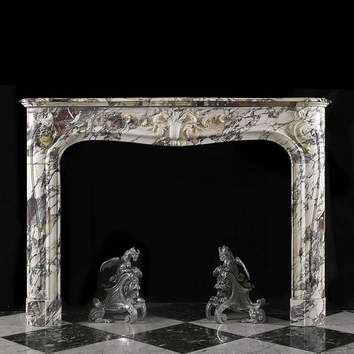Antique French Rococo Louis XV Fireplace carved in Breche Violette Marble

