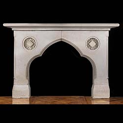 Antique Neo Gothic Limestone fireplace with Original Register Grate 

