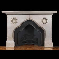 Antique Neo Gothic Limestone fireplace with Original Register Grate 

