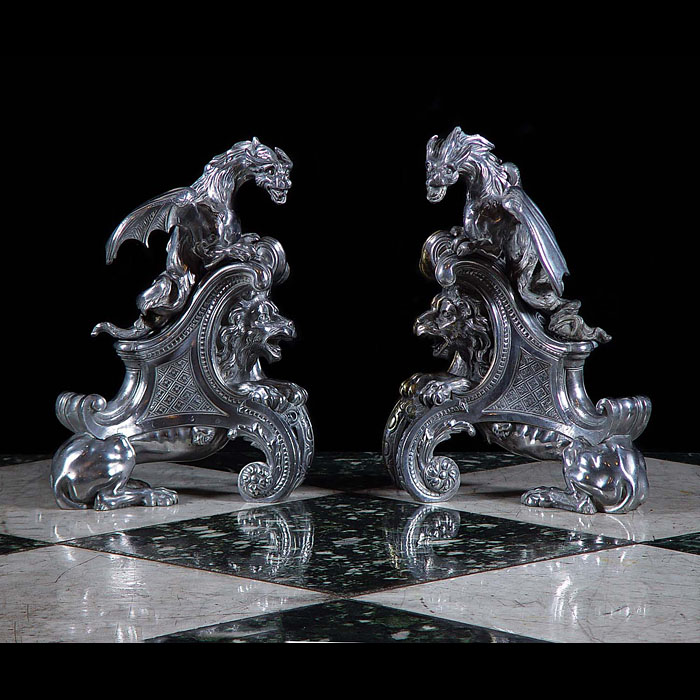  Grand pair of silvered bronze dragon chenet  
