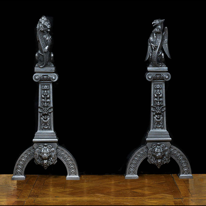   Baroque style pair of  cast iron griffin and lion Fire Dogs  